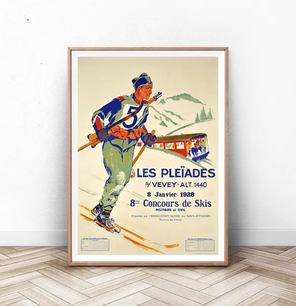 Swiss Ski Travel Poster, Retro European Travel Art
