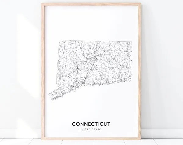 Connecticut Map Print, Modern State Road Poster