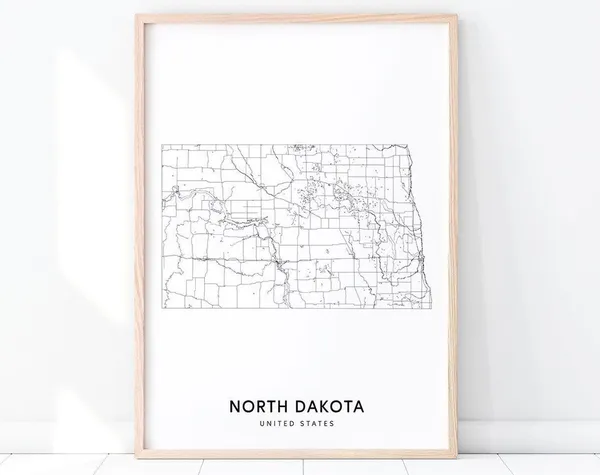 North Dakota Map Print, Modern Home Office Poster