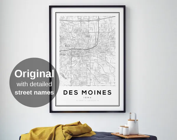 Des Moines Iowa Map Art Print, Minimalist Travel Poster