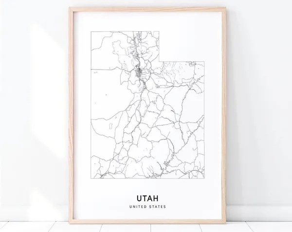 Utah Map Art Print, Modern Home Office Decor