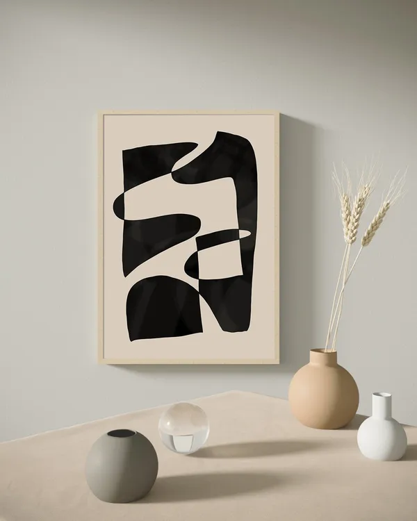 Beige Black Boho Abstract Print, Mid-Century Poster