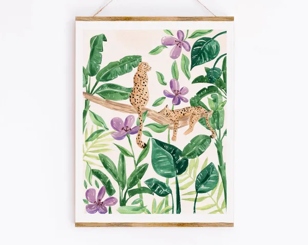 Jungle Leopards Art Print, Botanical Tropical Illustration