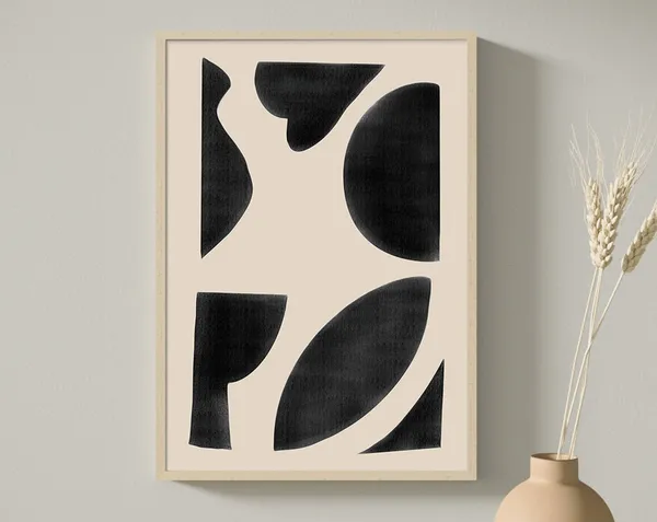 Beige Black Modern Abstract Line Art Print