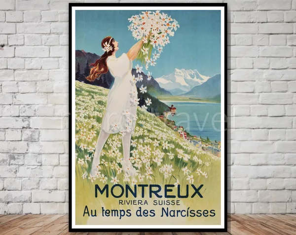 Montreux Switzerland Travel Poster, Art Nouveau Retro