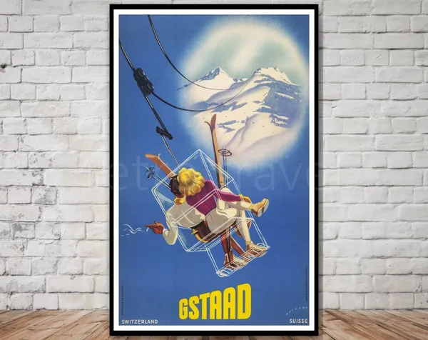 Gstaad Switzerland Vintage Travel Poster, Ski Lift