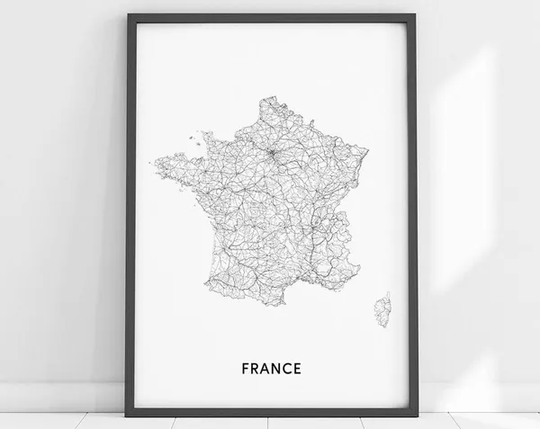 France Map Print, Black White Modern Office Decor