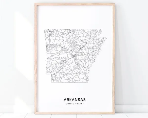 Arkansas Map Print, Modern State Road Poster