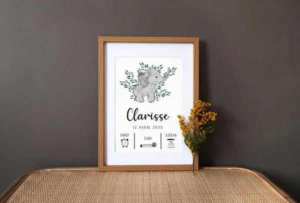 Personalized Birth Elephant Watercolor Poster