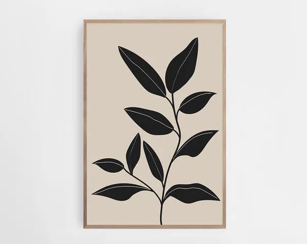 Black Modern Leaf Illustration, Abstract Wall Art Print