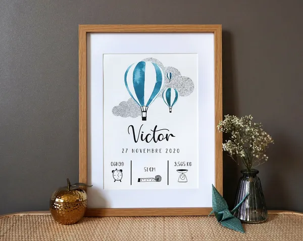 Personalized Birth Poster, Hot Air Balloons Watercolor