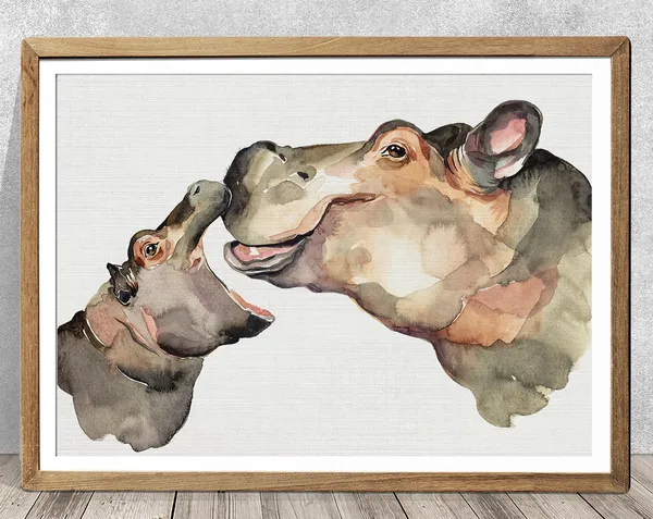 Hippopotamus Watercolor Art Print, Nursery Gift