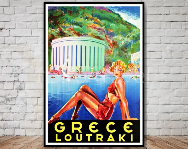 Loutraki Greece Vintage Travel Poster, Beach Scene