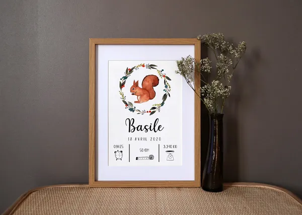Personalized Squirrel Watercolor Birth Poster, Gift