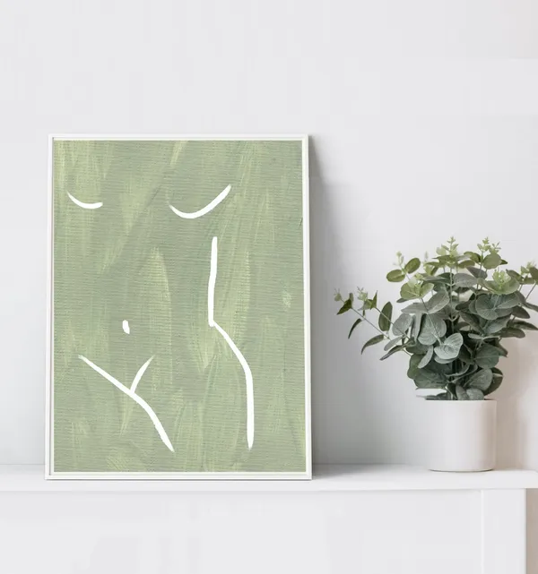 Green Wall Art Woman Print, Light Abstract Decor