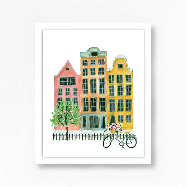 Amsterdam Netherlands Watercolor Art Print, Travel Houses