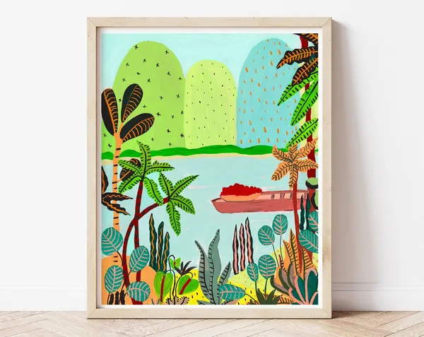 Tropical Scene Art Print, Jungle Mountain River