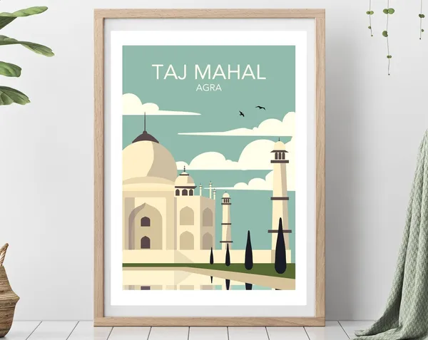 Taj Mahal Retro Travel Poster, Agra Art Print