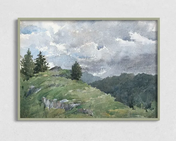 Watercolor Hilltop Landscape, Vintage Art Print