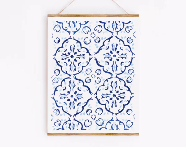 Portuguese Tiles Art Print, Blue Watercolor Pattern