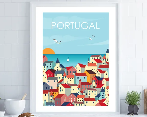 Lisbon Portugal Retro Travel Poster, Coastal Decor