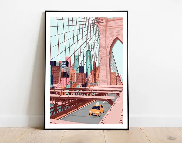 Brooklyn Bridge New York Travel Poster, Skyline Art