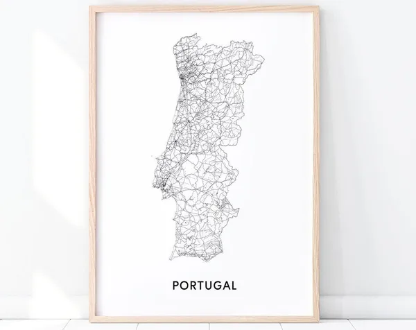 Portugal Map Print, Black and White Minimalist