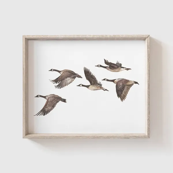 Geese Watercolor Art Print, Flying Bird Painting