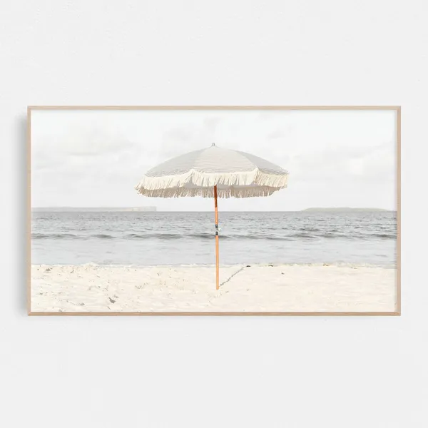 Beach Umbrella Shoreline Waves Coastal Art Print