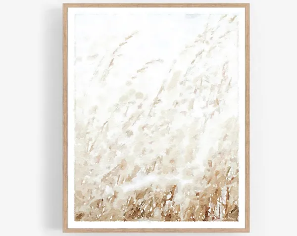 Wheat Grass Watercolor Art Print, Neutral Landscape