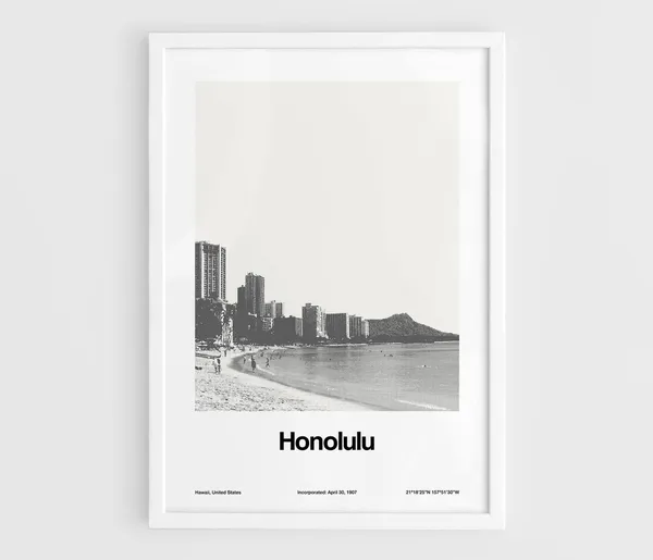 Honolulu Waikiki Beach Skyline, Minimalist Travel Poster