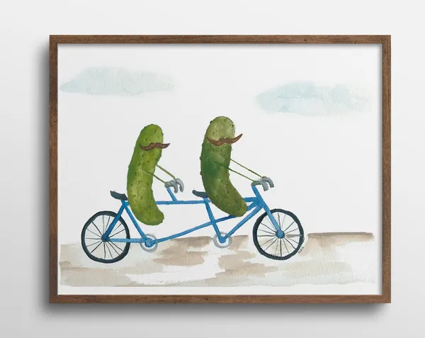 Whimsical Pickles on a Bicycle, Watercolor Art Print