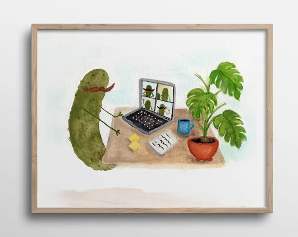 Whimsical Pickle Working From Home Zoom Call Art Print