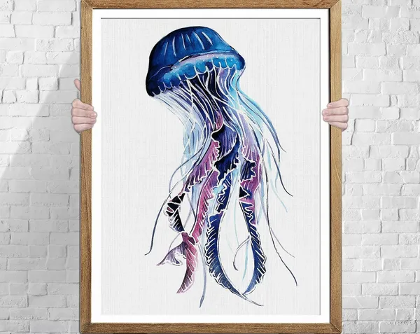 Jellyfish Watercolor Art Print, Bathroom Wall Decor