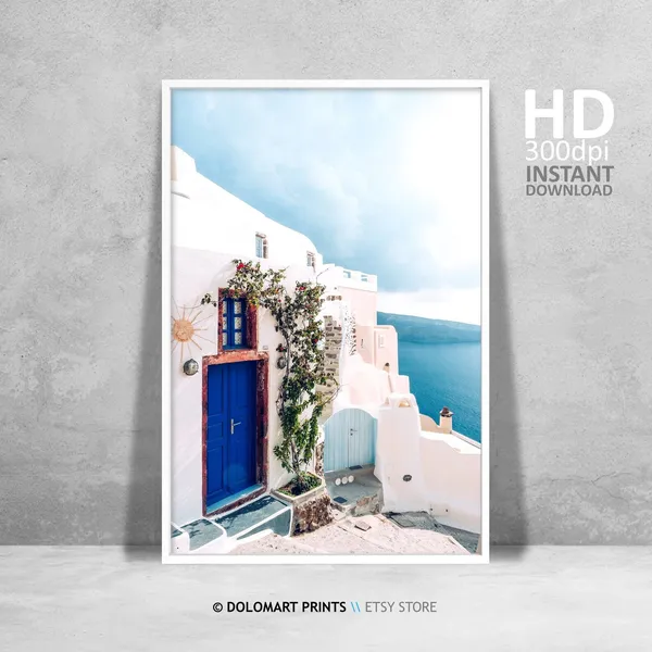 Retro Beach House Art Print, Greece Coastal Decor