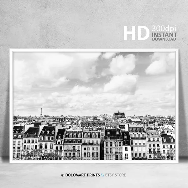 Paris Black and White Skyline Travel Poster, France