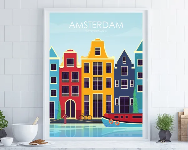 Amsterdam Travel Poster, Retro Style Print