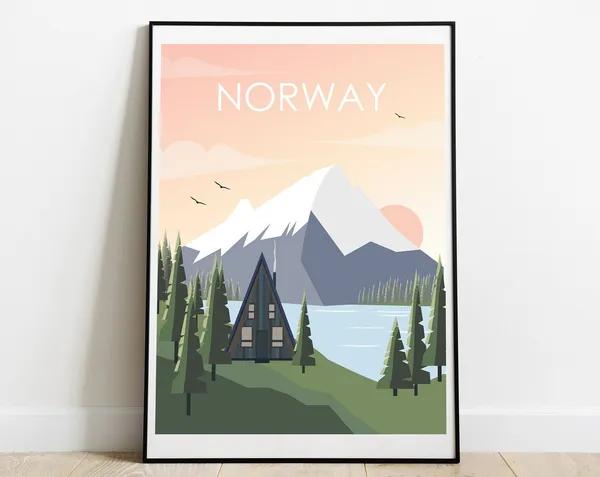 Norway Retro Travel Poster, Travel Wall Art