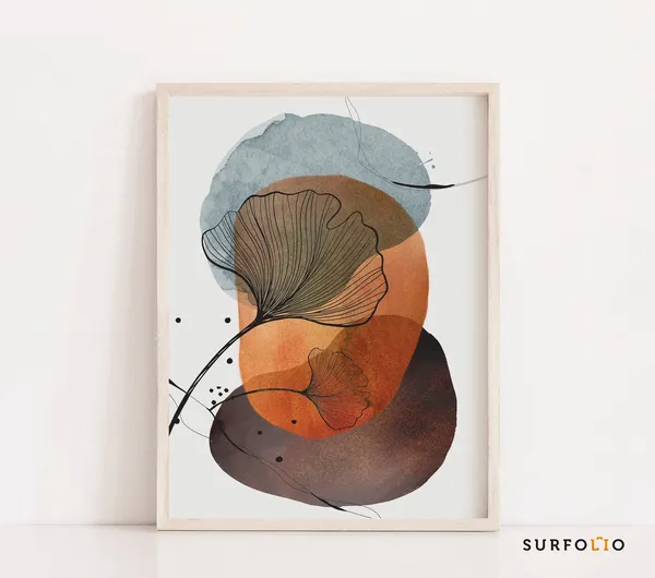 Ginko Leaf Line Art Print, Abstract Boho Botanical