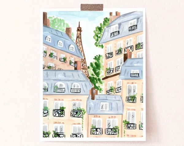 Parisian Buildings Art Print, Watercolor Paris Scene