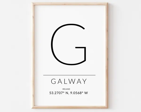 Galway Irish Travel Poster, GPS Coordinates