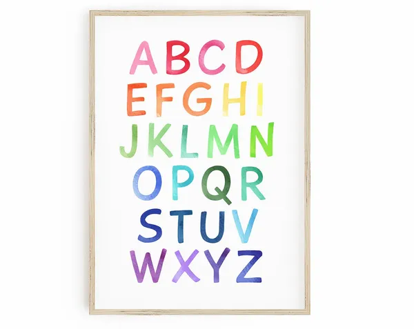 Rainbow Alphabet Watercolor Poster, Playroom Decor
