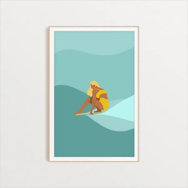 Yellow Surfer Girl Illustration Ocean Art Print