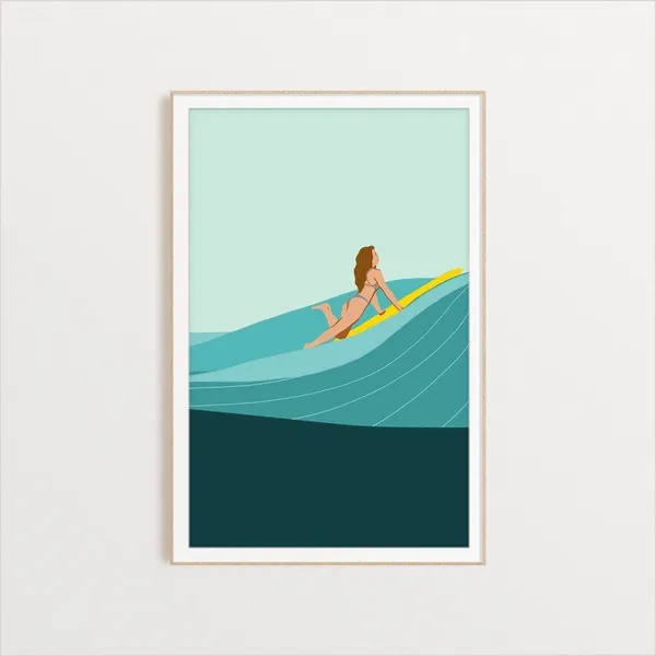 Surfer Girl Wave Ocean Art Print, Beach Illustration