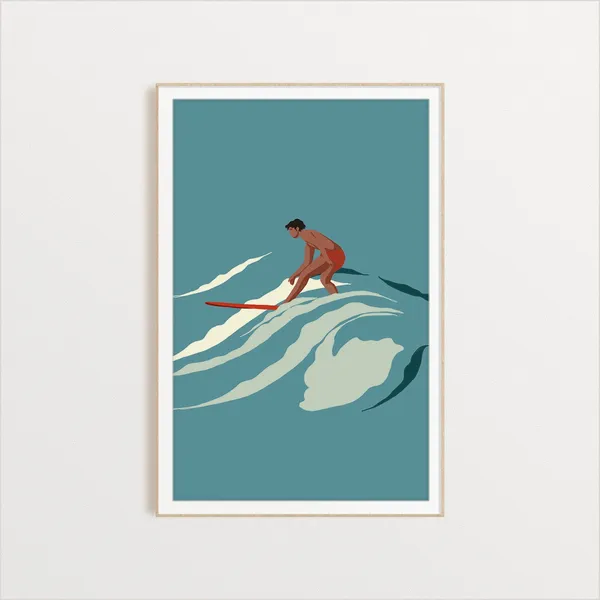 Red Surfer Guy Wave Surfer Art Print, Ocean
