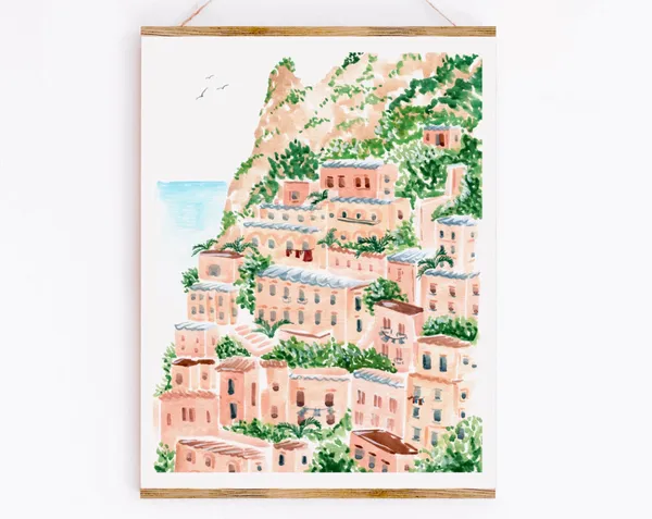 Amalfi Coast Watercolor Art Print, Italian Shore