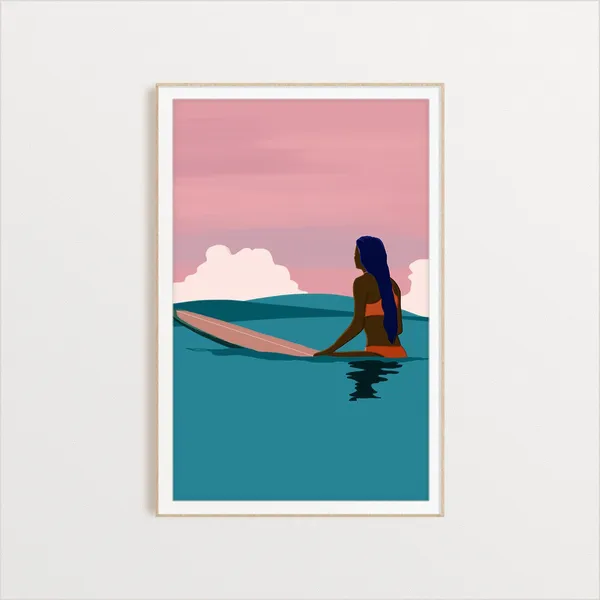 Orange Sunset Surfer Girl Surfing Wave Art Print