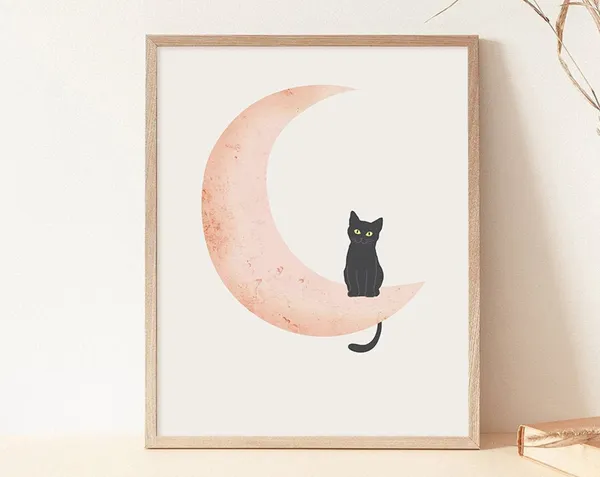 Moon and Cat Neutral Boho Wall Art Print