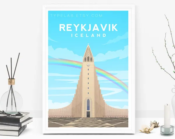 Reykjavik Travel Poster, Hallgrimskirkja Cathedral