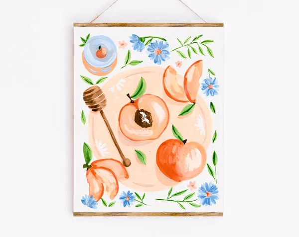 Peaches and Honey Art Print, Fruit and Flowers